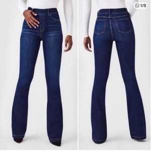 Spanx '70s High Rise Pull-On Stretch Wide Flared Jeans Dark Washed Denim Large